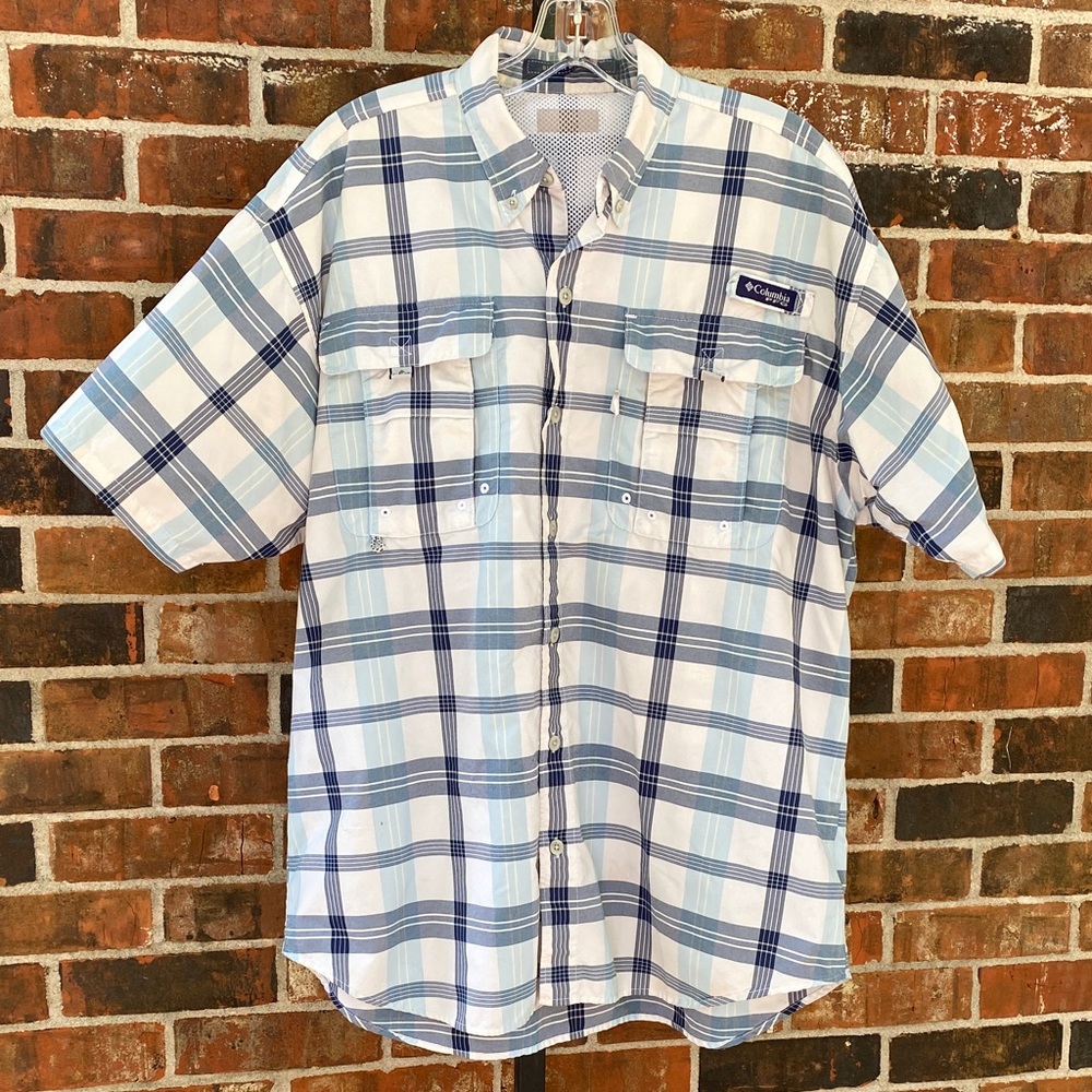 Columbia Super Bahama Shirt Short sleeves Button Down blue white plaid PFG